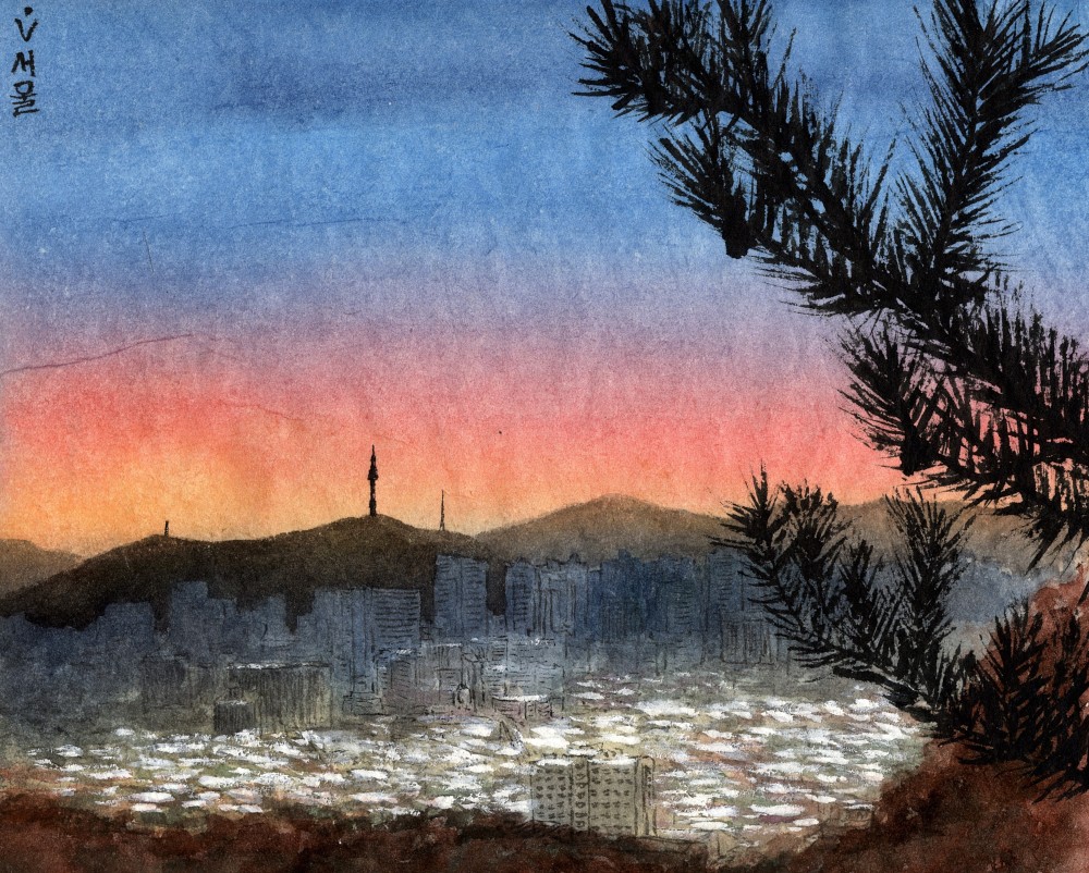 Корейские рисунки. §42: Сеул. Вид с городской стены на закат