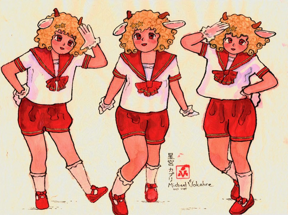 Painting in ink and watercolour on thin Japanese paper with three poses of an athropomorphic goat character in "sailor" uniform and shorts, with short curly golden hair. The shirt and long socks are white, the shirt and shorts are red, so as the bow in the middle of the shirt, the sleeves and collars. There are golden trims. The hands are in white half-transparent gloves. On the head are two tiny orange horns, and goat ears. The eyes are pink with goat wide pupils. The pose on the left is standing on right leg, lifting left leg slightly up and waving with left arm while the right arm is on the hip. The short tail is peeking from the back. The pose in the center is one leg forward, another backwards, in the middle of a dance move with hands back, and look towards the observer. The pose on the right is similar to the pose on the left but mirrored, with the tail again peeking, but legs one being behind another, the right leg slightly bent. The painting is signed Capri Hoshimiya in Japanese, then signed Michael Vokabre 2025 5785, with an artist stamp above the name of the artist.
