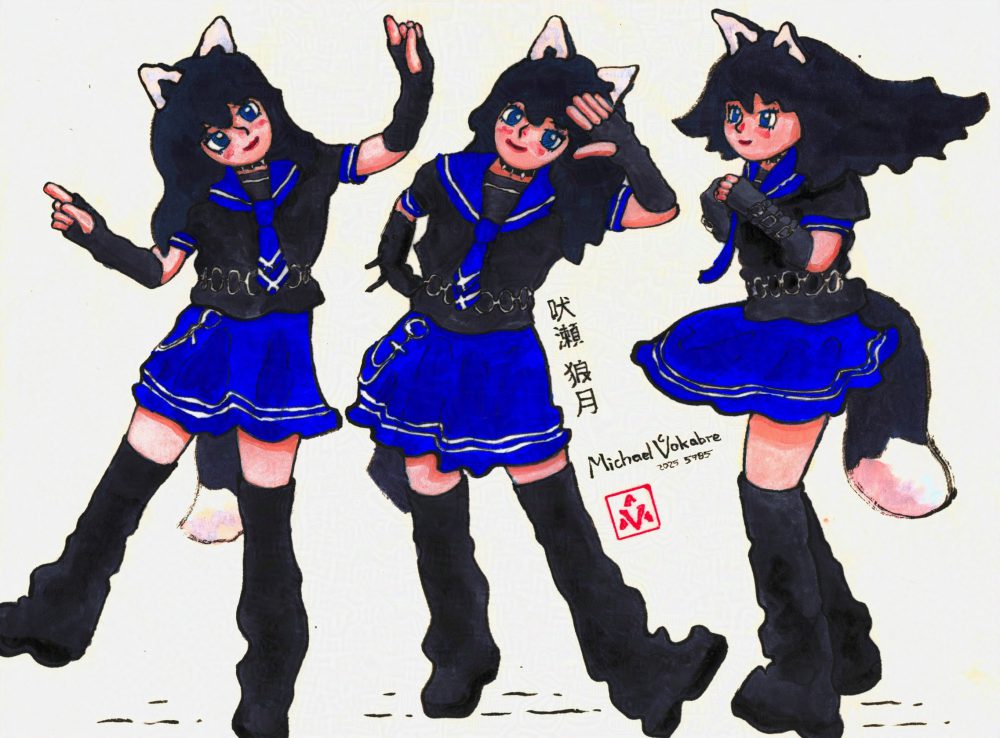 Horisontal painting on which there is a full height portrait of an anthropomorphic (kemonomimi) character in three different poses during dancing.  On the left while standing on left leg with two arms pointing left and right.  In the middle waving with left hand in front of the head while other hand is on hips. On the right after making a circle dancing, with the wolf tail visible large on the right. Uluna Wose wears black shirt and sleeves with open fingers, blue skirt and blue a-la "sailor" collar, with a blue necktie. She has a spiked  collar, chains on the right on the shirt, and a series of chains as a belt on the belly. She wears long boots. Her hair is dark blue, eyes are deep blue.  The painting is signed "Uluna Wose" in Japanese and "Michael Vokabre 2025 5785" with an artist stamp underneath.