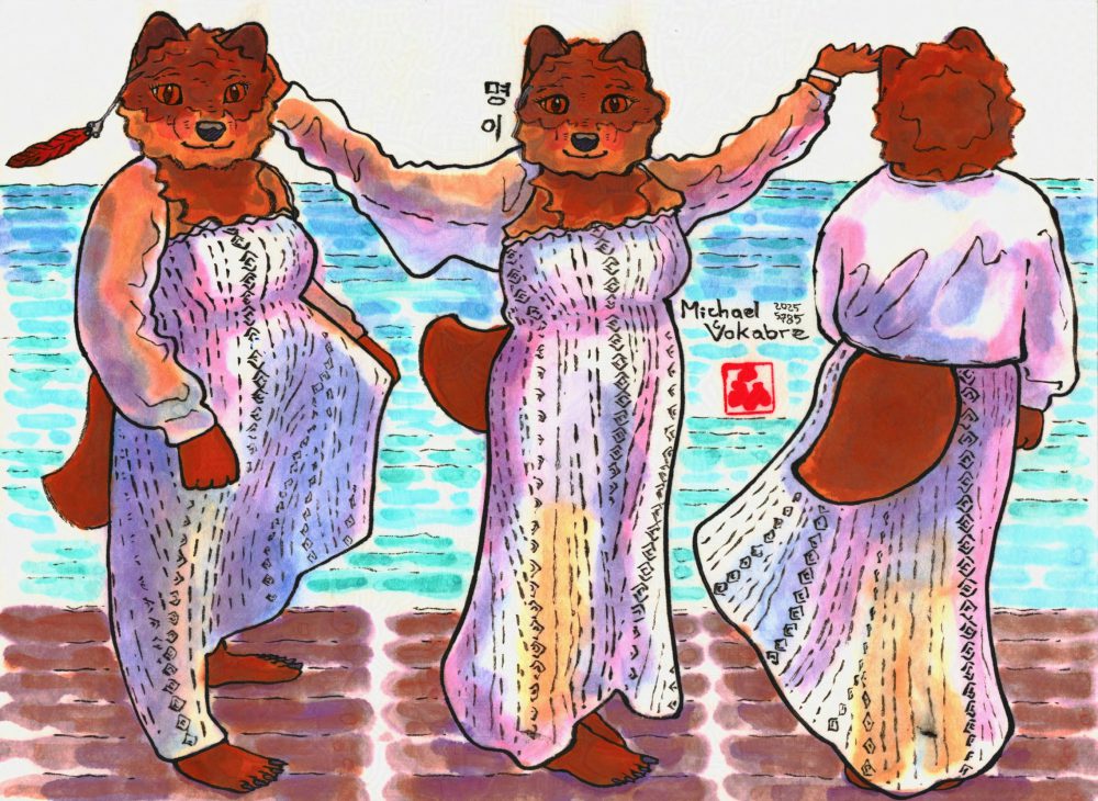 Horizontal painting in watercolour in ink lines with three poses left to right of an anthropomorphic brown wolf. She wears a long white dress while standing barefoot on the wooden planks by the sea, with the sea behind. On the left she holds the dress with both hands, and on the left moved by the air is a feather head decoration.
In the middle she raises both hands. 
On the right she stands looking at the sea with the tail visible in the middle.
The dress is painted in different colours, the eyes are yellow and wolf-like.
The painting is signed in Korean 