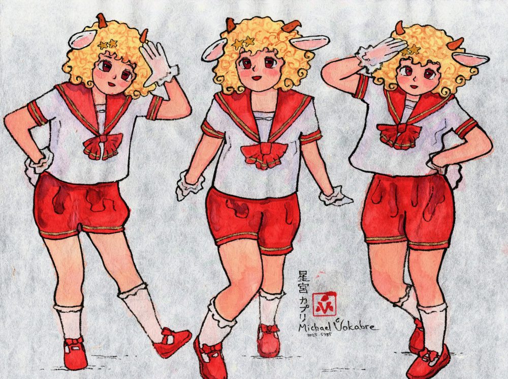 Painting in ink and watercolour on thin Japanese paper with three poses of an athropomorphic goat character in "sailor" uniform and shorts, with short curly golden hair. The shirt and long socks are white, the shirt and shorts are red, so as the bow in the middle of the shirt, the sleeves and collars. There are golden trims. The hands are in white half-transparent gloves. On the head are two tiny orange horns, and goat ears. The eyes are pink with goat wide pupils. The pose on the left is standing on right leg, lifting left leg slightly up and waving with left arm while the right arm is on the hip. The short tail is peeking from the back. The pose in the center is one leg forward, another backwards, in the middle of a dance move with hands back, and look towards the observer. The pose on the right is similar to the pose on the left but mirrored, with the tail again peeking, but legs one being behind another, the right leg slightly bent. The painting is signed Capri Hoshimiya in Japanese, then signed Michael Vokabre 2025 5785, with an artist stamp above the name of the artist.