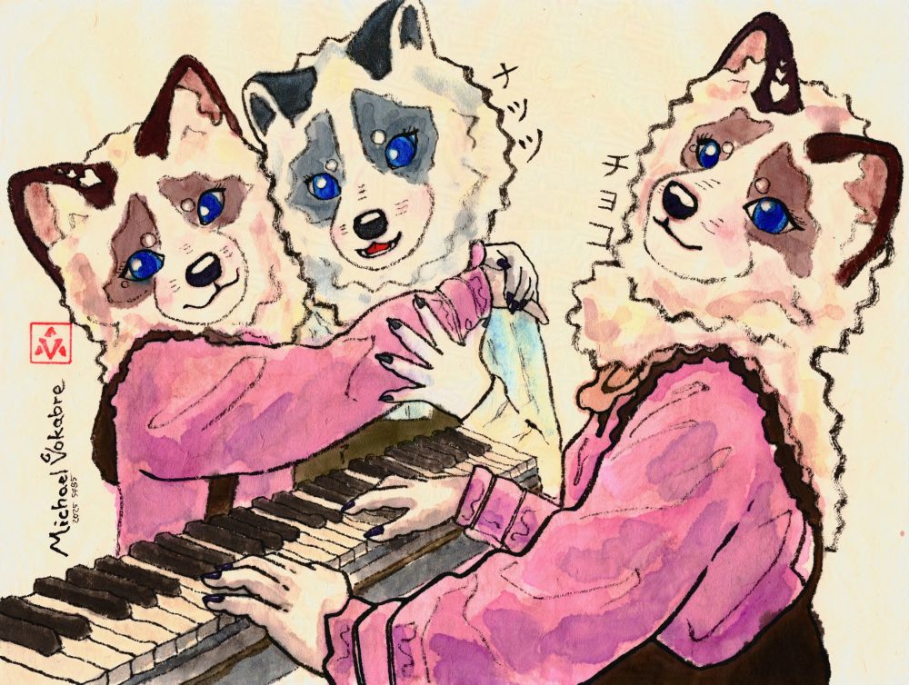 Horizontal aligned painting in ink and watercolour on Japanese washi paper. In the front on the right is a silver slightly brownish anthropomorphic fox character Choco playing a piano. Behind the piano keyboard is Choco hugging her brother, a silver anthropomorphic fox Nuts. Both names are signed in Japanese, with the painting having an artist stamp and a signature on the left.