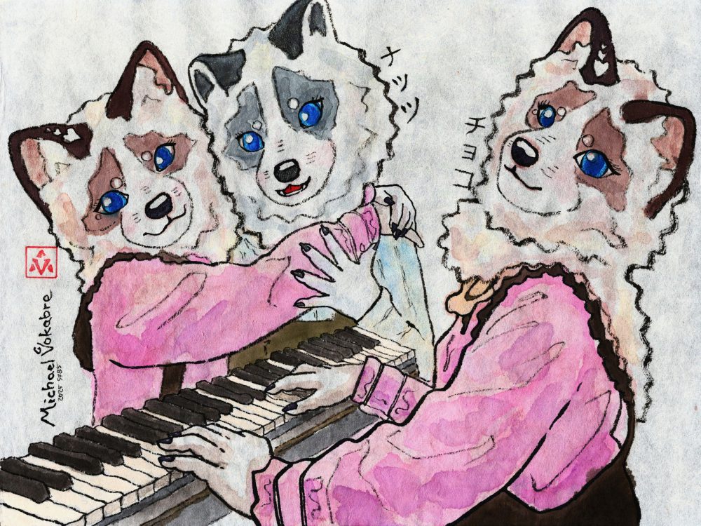 Horizontal aligned painting in ink and watercolour on Japanese washi paper. In the front on the right is a silver slightly brownish anthropomorphic fox character Choco playing a piano. Behind the piano keyboard is Choco hugging her brother, a silver anthropomorphic fox Nuts. Both names are signed in Japanese, with the painting having an artist stamp and a signature on the left.