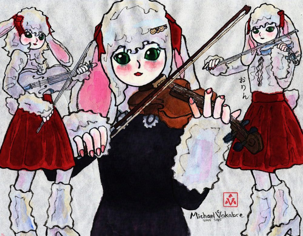 Vertical painting with an anthropomorphic bunny playing violin, painted in ink lines and watercolour paint on Japanese paper. In the centre is a closeup with wooden violin and a dark dress. On the left and the right are full height images with a white violin with a red dress and long sleeves. The hair is silver white, and around bunny ears there are red ribbons.