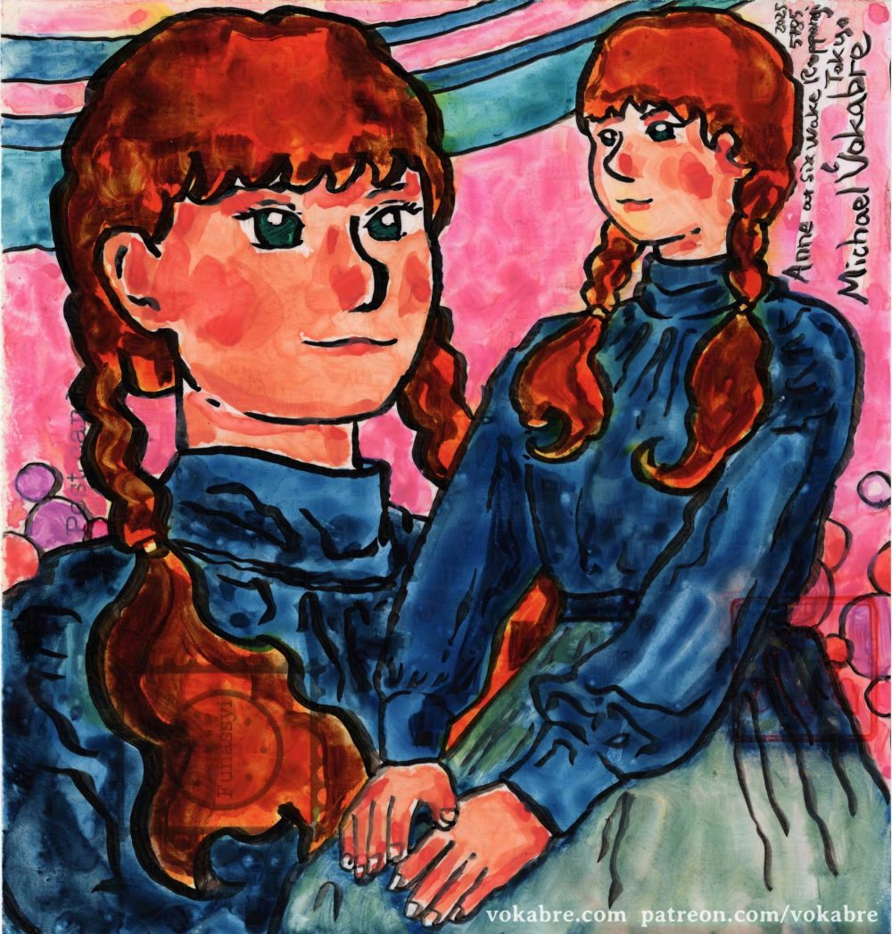 Portrait in watercolour and ink, nearly square sized, of an android (humanlike robot) Anne. On the right is Anne sitting in three quarters of her height, looking to the left, hands on her lap. On the left is the closeup of her head. She has red (orange) hair, green eyes and wears blue long sleeved shirt with a light blue skirt. The hair is in short braids up to her chest. The painting is signed 2025 5785 Anne at Six Wake Roppongi Tokyo Michael Vokabre