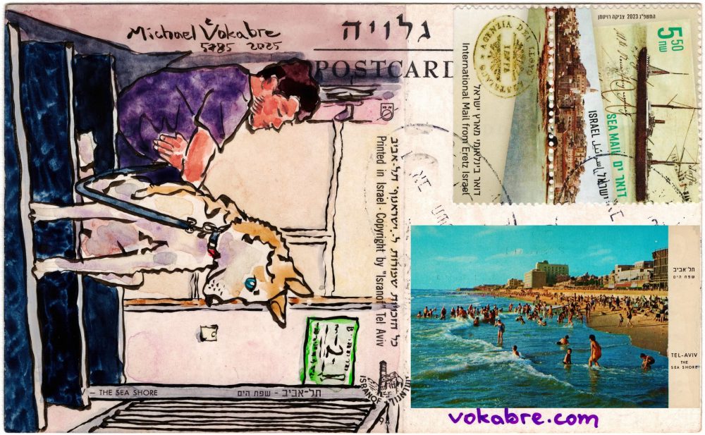 A composite scan, the painting described before is on the left. Above, where the address goes superimposed is the front of the postcard, a scene of the beach in Tel Aviv, with people in the sea on the left, the beach on the right, and the hotels further away. Below "vokabre.com" can be seen. Above is one stamp valued at 5.50 called "Sea Mail" from the series "International Mail from Eretz Israel". The stamp is turned 90 degrees to the right, and is designed from reprints of a view of Jaffa, and an old postcard depicting a steamship.
