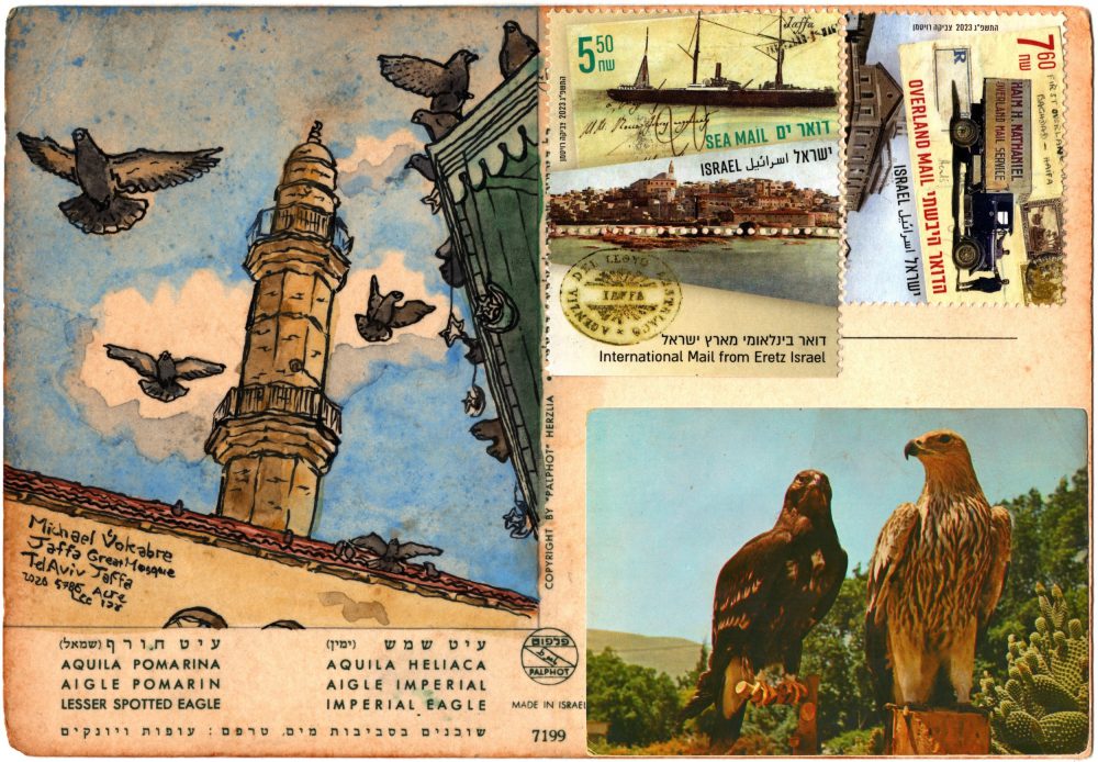 Below the painting, in four languages (Hebrew, and presumably French and Spanish above English) written is "Lesser Spotted Eagle, Imperial Eagle". Below written in Hebrew is "they live around fresh water and prey on birds and mammals". On the right is the logo of the printer "Palphot" and a writing "printed in Israel". Above the address area superimposed is the front of the postcard, a photo of two eagles in front of trees and a cactus to the right, the eagle on the left, the lighter larger one sits on a stump, the eagle on the right, the darker one, sits on a perch. The photo is coloured but yellowed. Above, on the left is a stamp valued at 5.50 called "Sea Mail" also from the series "International Mail from Eretz Israel", with a view of Jaffa, and an old postcard depicting a steamship. The stamp on the right is a 7.60 stamp also from the series "Mail in Eretz Israel", in the middle is a photo of a truck "Haim H Nathaniel Overland Mail Service" superimposed on an envelope "First Overland Baghdad-Haifa".