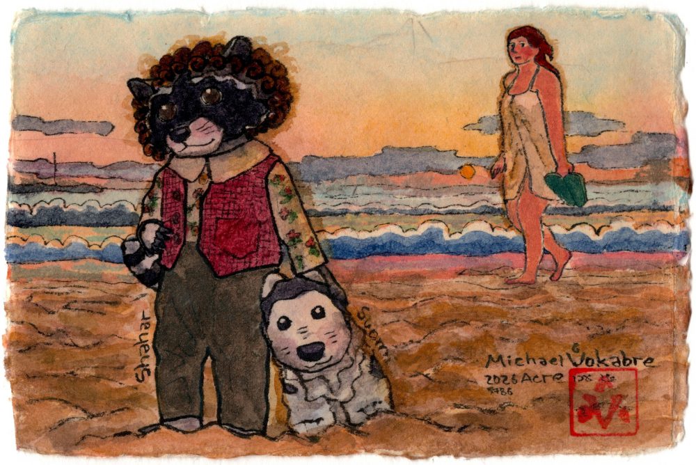 Raccoon Shahar and Suomi the dog by Mediterranean Sea in Acre
