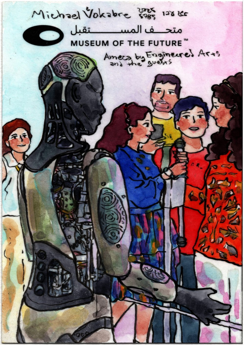 Vertical painting in watercolour with ink lines on the back of a postcard, on the left is an Ameca android robot to the back to the observer, interacting with the family on the right. Inner mechanisms can be seen behind the robot's right arm. The family is the following. A young girl holding a microphone with long reddish hair and blue shirt and coloured skirt. A boy with violet hair and red shirt behind. The mother with red-brownish hair in a red blouse and white trousers. The father, in the back, holding a phone in yellow shirt and with purple hair. Another guest in white shirt and white-yellow long shirt stands on the left. Above printed is the logo of the museum, and the name of the museum, the signature is around.
