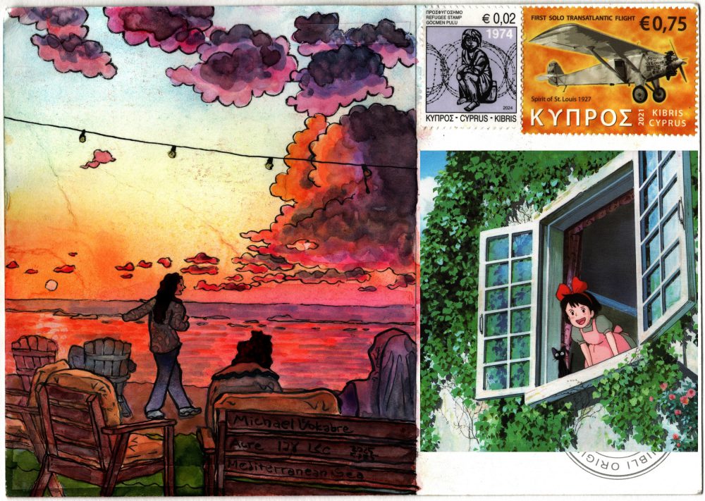 Scan of the whole back of the postcard, the painting described before is on the left. On the right above the address superimposed is the part of the scan of the front of the postcard, Kiki and her cat from Kiki's Delivery service, looking from a window, around the window there are lots of leaves. Above are two postal stamps. The stamp on the left is "Refugee stamp" with a graphic of a child behind a barbed wire, marked 1974 above and 2024 below, valued at 0,02 euro. The stamp on the right is orange coloured with a photo of an airplane signed Spirit of Saint Louis 1927, this stamp marked 2021, First Solo Transatlantic Flight. Both stamps are marked in Greek, English, Turkish. There are no postmarks.