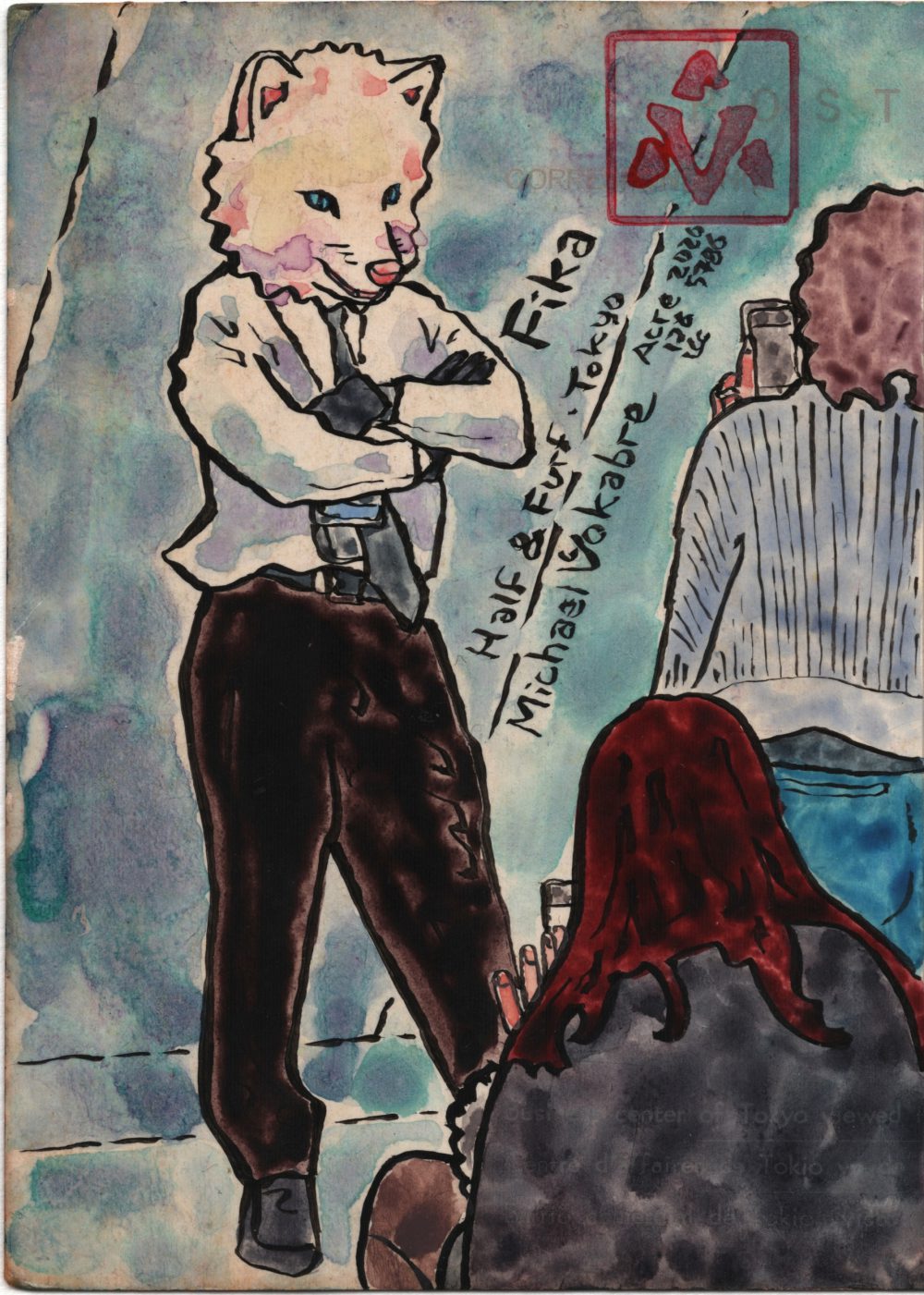 Vertical painting, in ink and watercolour on the back of the postcard, in the middle-left stands a white fox Fika in white long sleeved shirt, black tie, and black trousers, hands across chest. Two people in the front right are photographing him on the phones.
