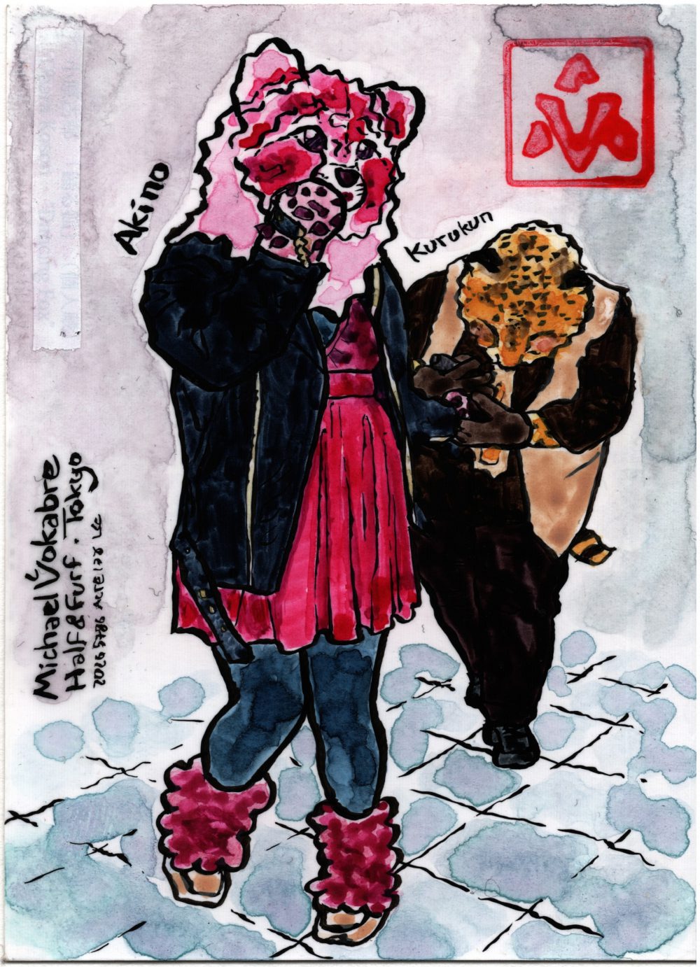 Painting, vertical, in watercolour with ink lines, depicting two characters. In the front is the pink cheehas in a pink dress, pink fluffy shoes, and in a black jacket, holding her paw near her mouth, walking towards the observer. She's labeled as Akino. Behind is another cheetah-coloured cheetah cheerah looking down and holding her paw, he's Kurokun. Below them is a tiled floor. On the top right is the artist's stamp, and on the left is a signature Michael Vokabre Half And Furf Tokyo 2026 5786 Acre. The background is grey-pink.