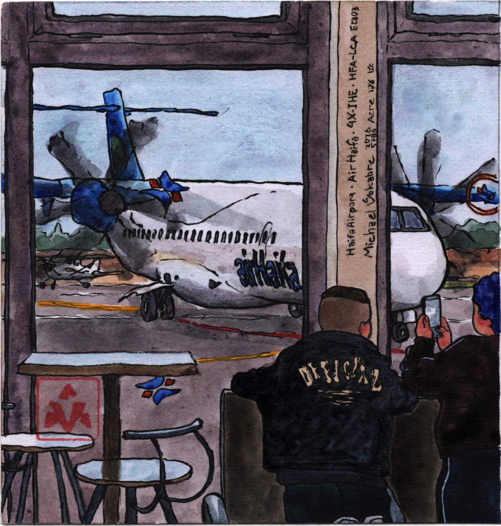 Square painting in watercolour in ink lines, a view from an airport terminal over the airport ground with a propeller plane taxiing towards the terminal. Two kids in sports clothes are watching from a bench, one boy with short hair on the left, and one girl with purple-ish hair holding a phone to photograph the plane. There's a table and two high chairs on the left. In the middle of the glasses is the logo of the airport authority. The painting is signed as Haifa Airport, Air Haifa, 4X-IHE, HFA-LCA E2803 Michael Vokabre 2026 5786 Acre.