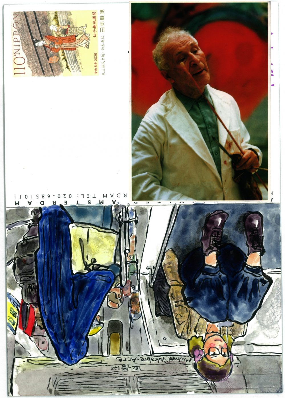 Scan of the whole back of the postcard, the painting described before is on the bottom, turned upside down. The postcard itself is turned ninety degrees to the left. Over the address superimposed is the front of the postcard, a portrait of Marc Chagall in a white coat holding a huge brush. On the left on the top is a 110 yen stamp with a woodblock of woman in a traditional Japanese dress and another person behind her.l