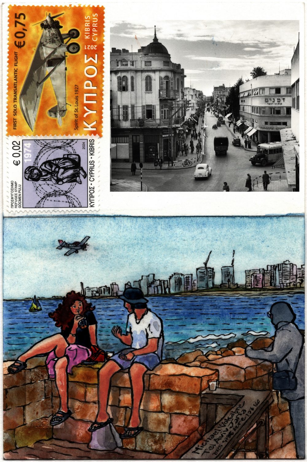 Scan of the whole back of the postcard, the painting described before is on the bottom (as the postcard is turned 90 degrees to the left). Above the address superimposed is the front of the postcard, a photo by Shimon Rudolf "Rudi" Weissenstein of a street in Tel Aviv, with bauhaus buildings and a street in between with a few cars. To the left are two stamps. The stamp on the bottom is "Refugee stamp" with a graphic of a child behind a barbed wire, marked 1974 above and 2024 below, valued at 0,02 euro. The stamp on the top is orange coloured with a photo of an airplane signed Spirit of Saint Louis 1927, this stamp marked 2021, First Solo Transatlantic Flight. Both stamps are marked in Greek, English, Turkish. There are no postmarks.
